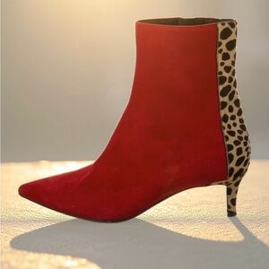 Giuseppe Zanotti Red Suede Heeled Boots with Leopard Pony Hair Accent